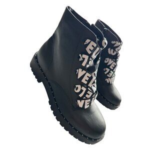 Bamboo LOVE Black Combat Ankle Boots Ribbon Laces NEW Studded Side Zipper 8